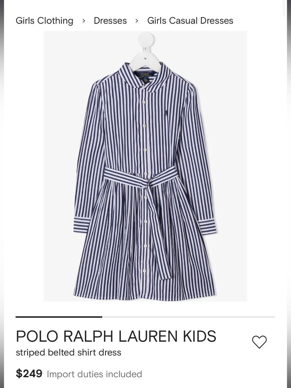 Polo by Ralph Lauren Girls Navy & White Striped Shirt Dress (Missing Belt